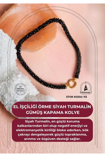El İşçiliği Örme Siyah Turmalin Kapama Kolye (SK:113)