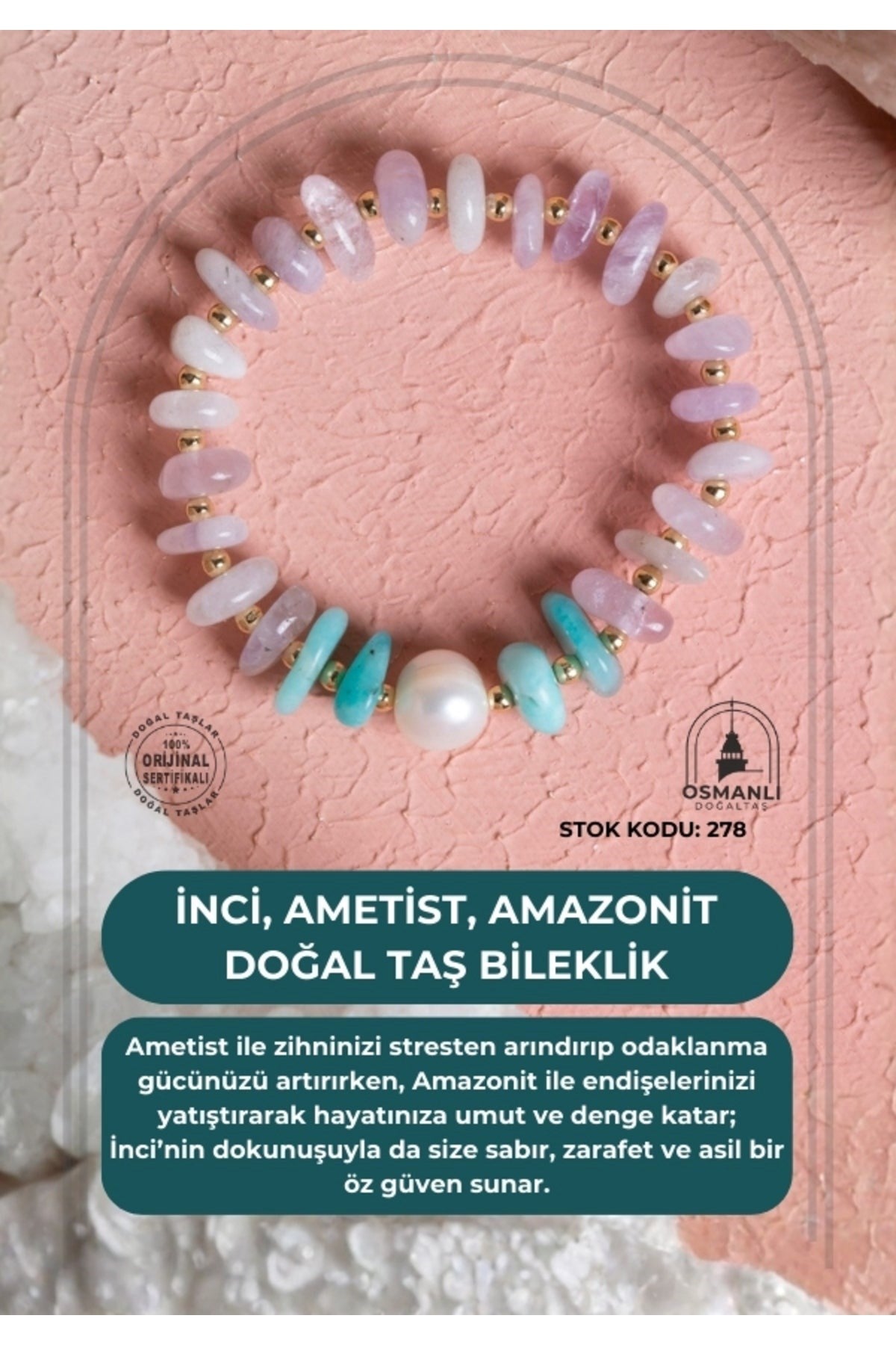 İnci, Ametist, Amazonit Doğal Taş Bileklik (SK:278)