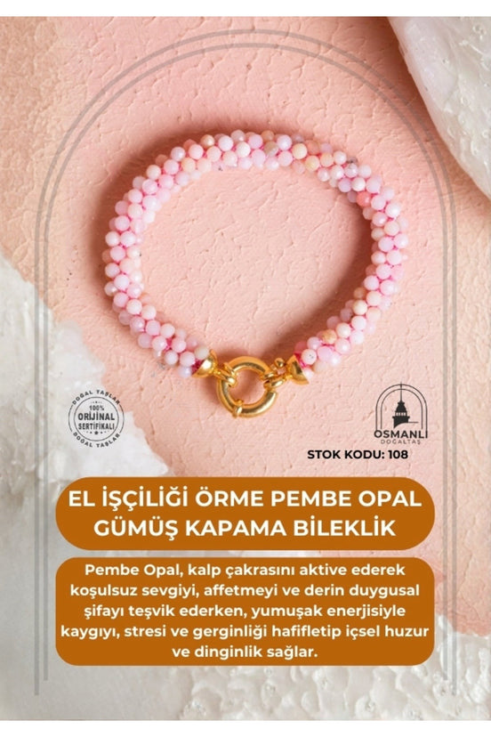 El İşçiliği Örme Pembe Opal Gümüş Kapama Bileklik (SK:108)