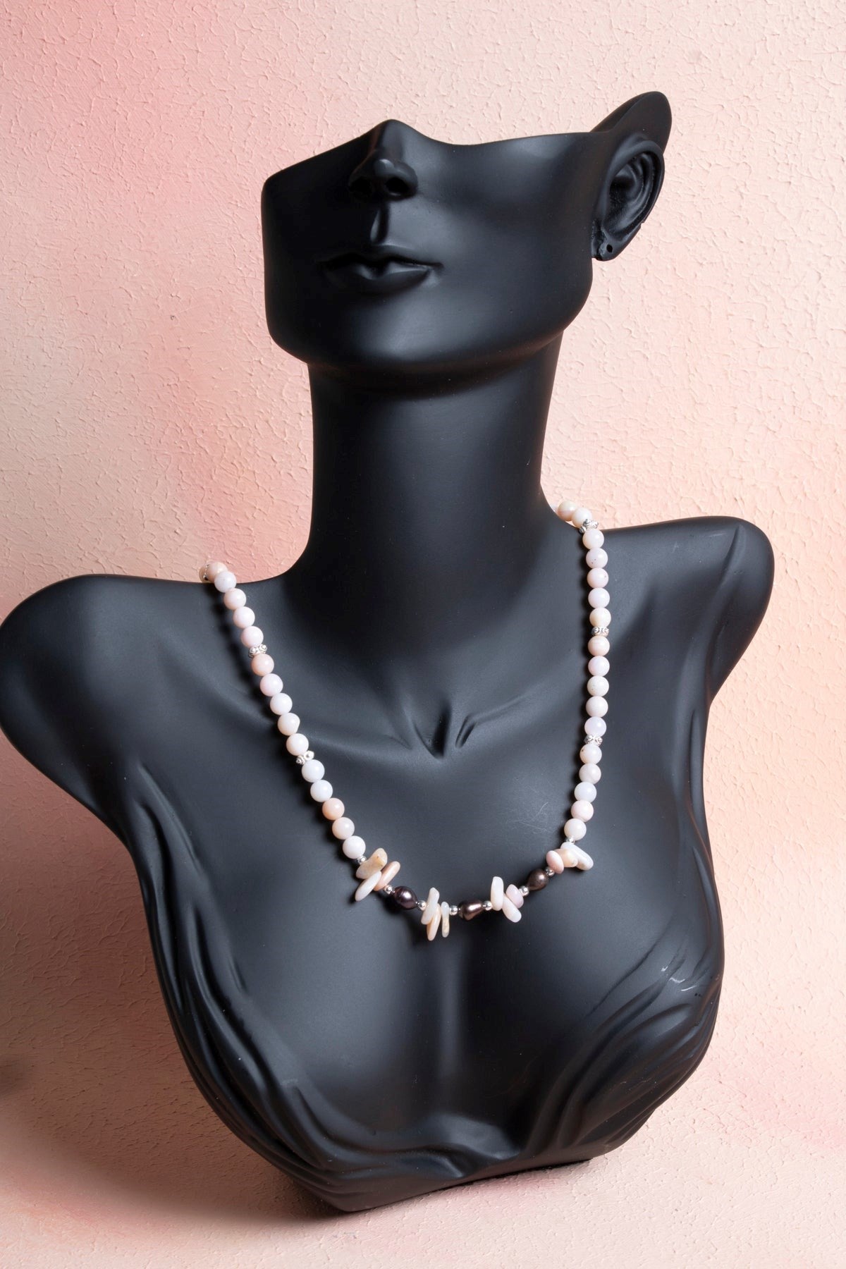 Sertifikalı Siyah İnci, Pembe Opal Doğal Taş Kolye (SK:244)