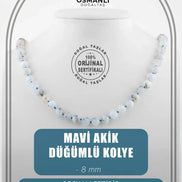 Mavi Akik 8 mm Düğümlü Doğal Taş Kolye