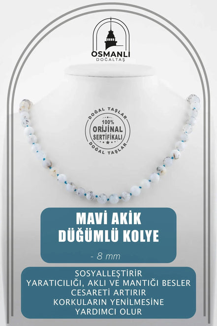 Mavi Akik 8 mm Düğümlü Doğal Taş Kolye
