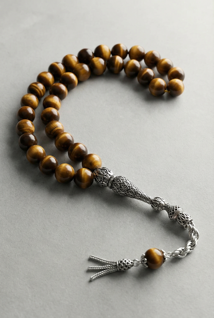 Kaplan Gözü Doğal Taş Tesbih – 925 Ayar Gümüş – 8 mm Küre Kesim