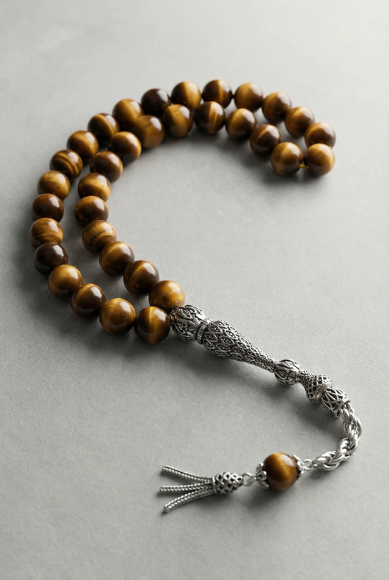 Kaplan Gözü Doğal Taş Tesbih – 925 Ayar Gümüş – 8 mm Küre Kesim