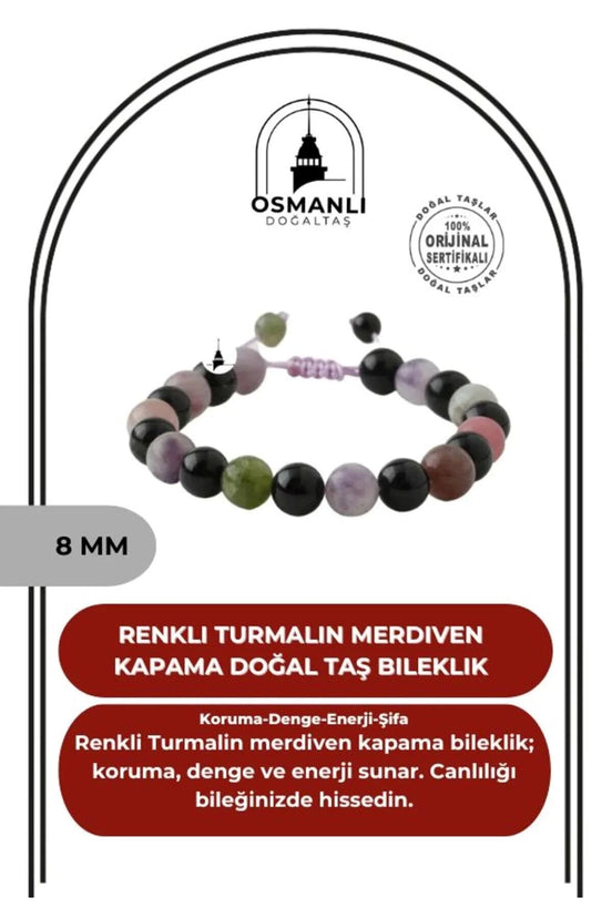 Renkli Turmalin 8mm Merdiven Kapama Doğal Taş Bileklik