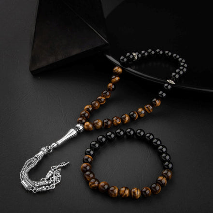 Kaplan Gözü & Obsidyen Doğal Taş Tesbih & Bileklik Seti