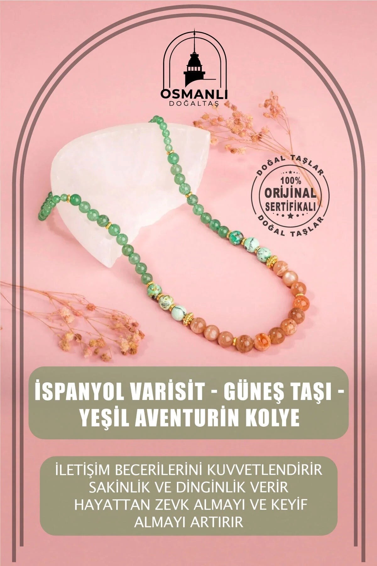 İspanyol Varisit-Güneş Taşı-Yeşil Aventurin Doğal Taş Altın Kaplama Kolye