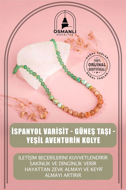 İspanyol Varisit-Güneş Taşı-Yeşil Aventurin Doğal Taş Altın Kaplama Kolye