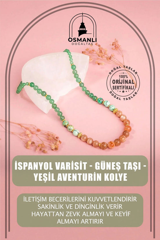 İspanyol Varisit-Güneş Taşı-Yeşil Aventurin Doğal Taş Altın Kaplama Kolye