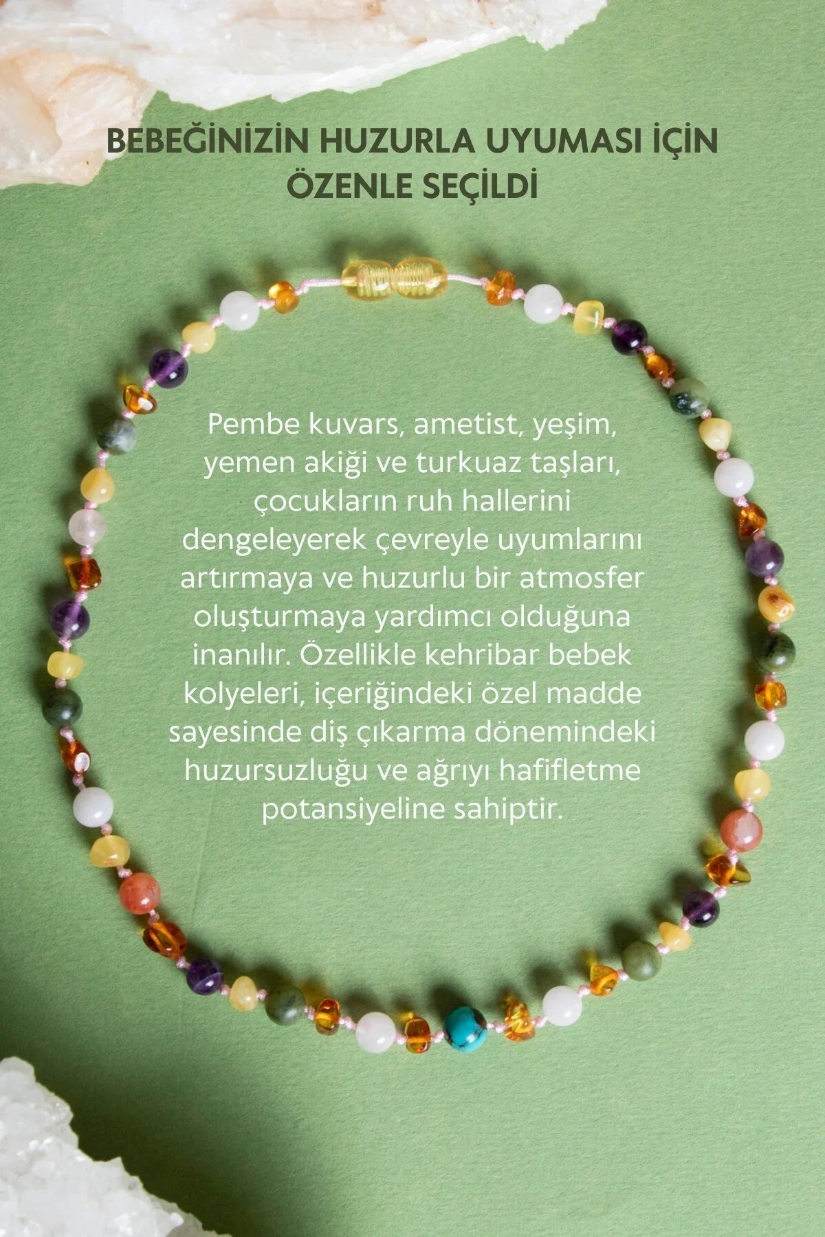 Kehribar-yeşim-ametist-hakiki Yemen Akik-hakiki Turkuaz- Pembe Kuvars bebek Kolyesi M204