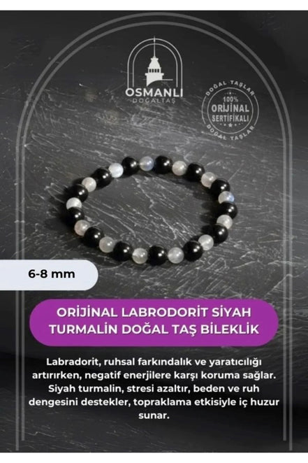 Orijinal Labrodorit Siyah Turmalin Doğal Taş Bileklik