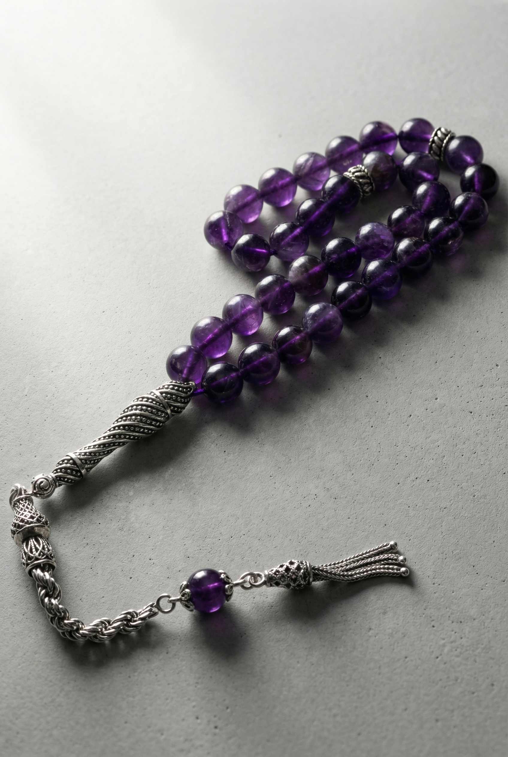 Ametist Doğal Taş Tesbih – 925 Ayar Gümüş – 8 mm Küre Kesim