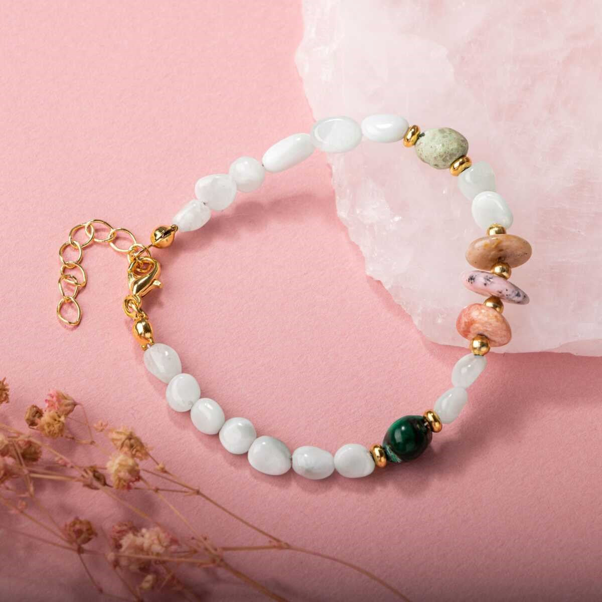Pembe Opal-Krizokol-Larimar Doğal Taş Bileklik