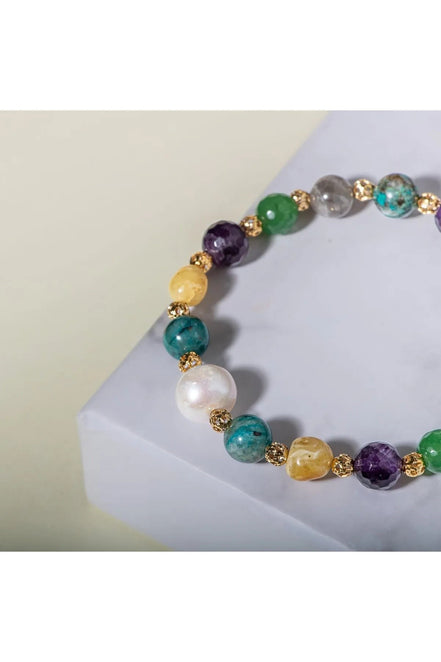 Ametist, Bronzit, İnci, Kehribar, Krizokol, Aventurin ve Labradorit Doğal Taş Bileklik – Unisex Şık Tasarım