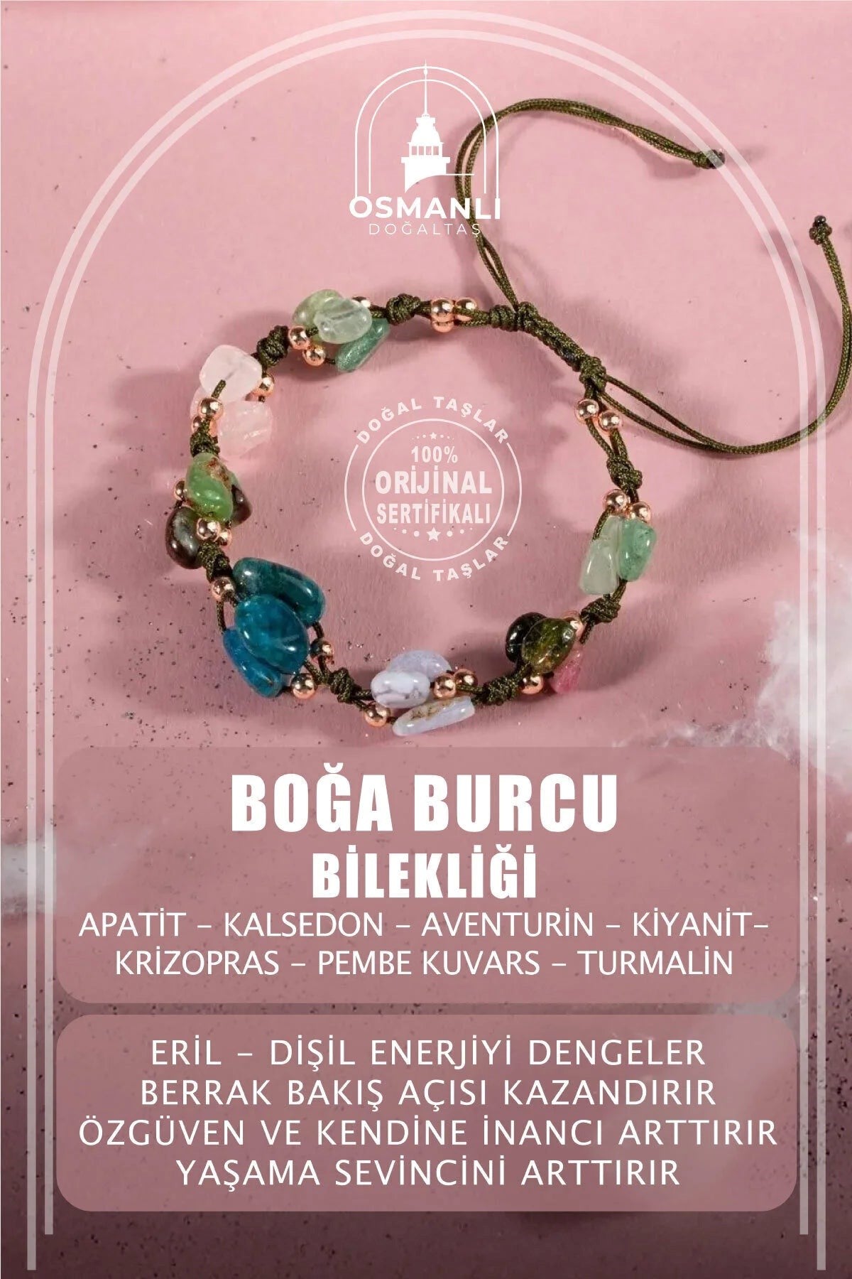 Boğa Burcu Bileklik Kalsedon, Kiyanit, Krizopras, Mavi Apatit, Pembe Kuvars, Renkli Turmalin, Yeşil Aventurin