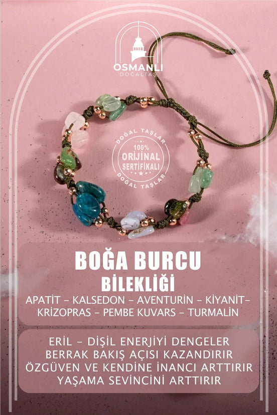 Boğa Burcu Bileklik Kalsedon, Kiyanit, Krizopras, Mavi Apatit, Pembe Kuvars, Renkli Turmalin, Yeşil Aventurin