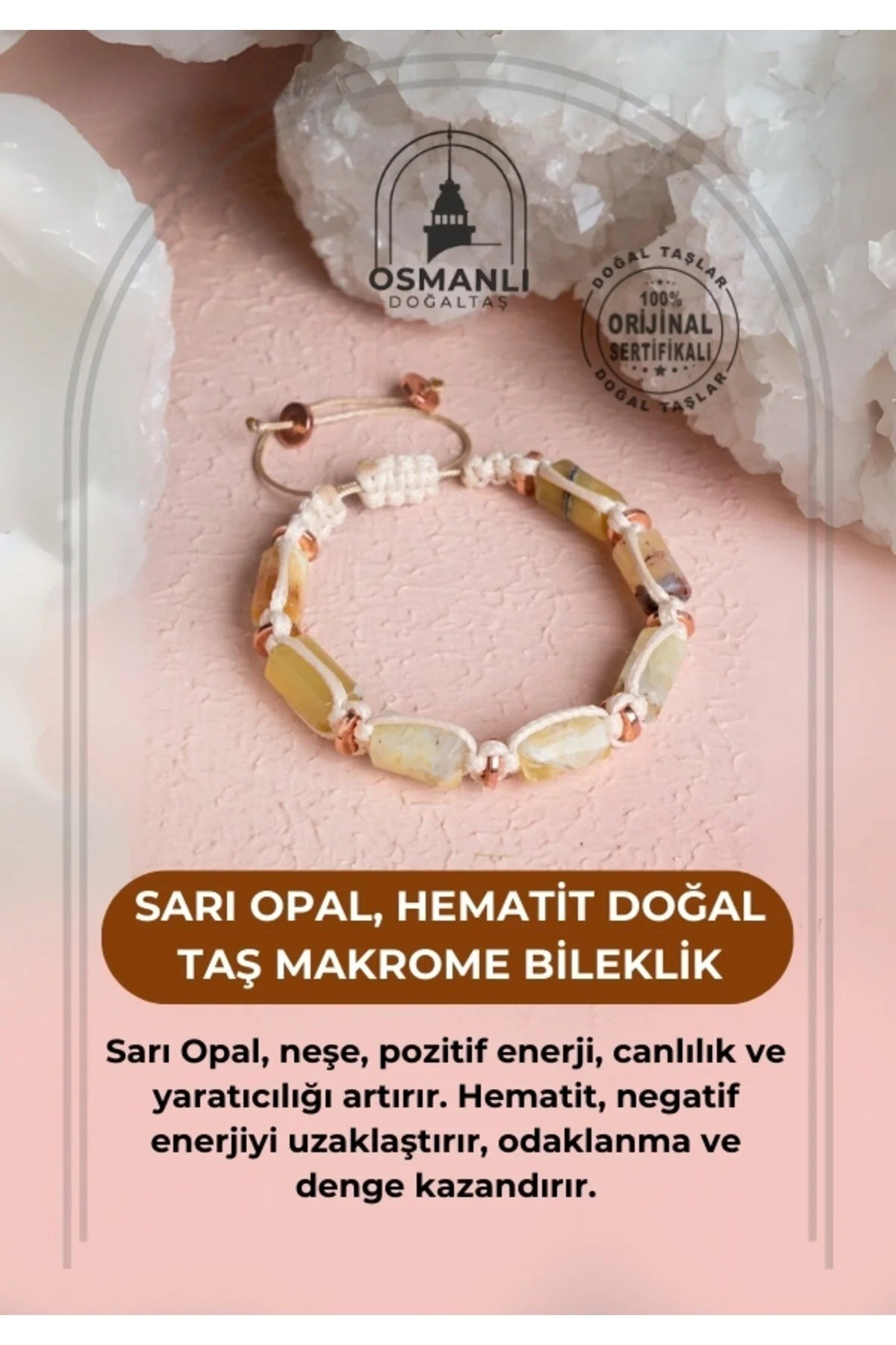 Sarı Opal, Hematit Doğal Taş Makrome Bileklik