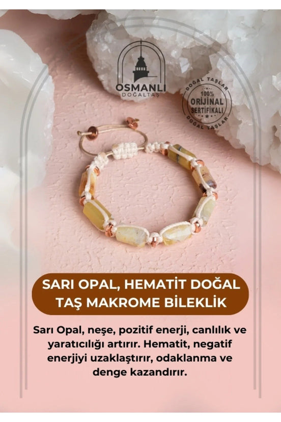 Sarı Opal, Hematit Doğal Taş Makrome Bileklik