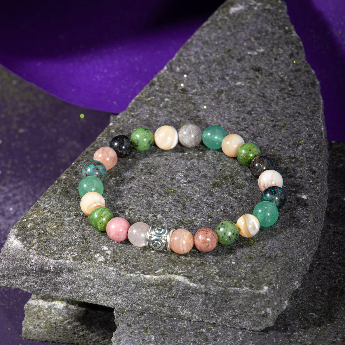 Boğa Burcu Doğal Taş Bileklik – Güneş Taşı, Krizokol, Obsidyen, Rodonit, Sedef, Yeşil Aventurin ve Yeşim