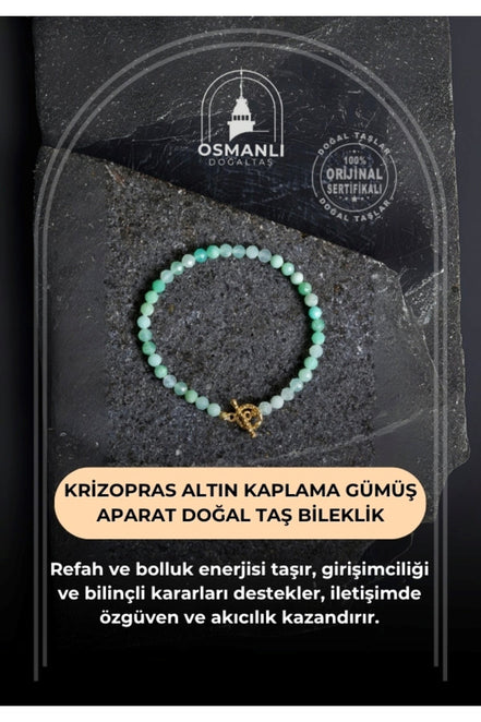 Sertifikalı Krizopras Altın Kaplama Gümüş Aparat Doğal Taş Bileklik