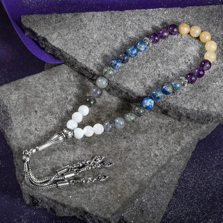 Yay Burcu Tesbih Ametist, Kalsit, Labradorit, Lapis Lazuli, Sedef