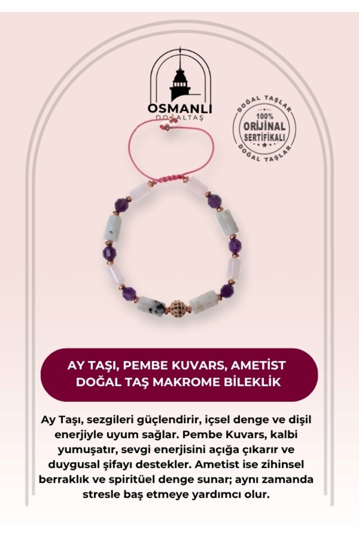 Sertifikalı Ay Taşı, Pembe Kuvars, Ametist Doğal Taş Makrome Bileklik