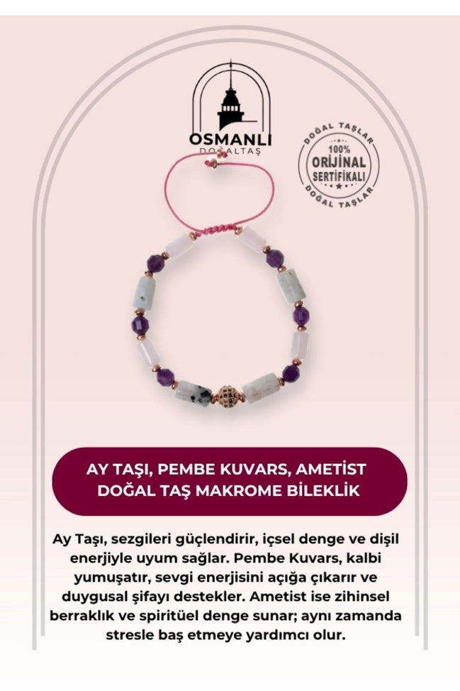 Sertifikalı Ay Taşı, Pembe Kuvars, Ametist Doğal Taş Makrome Bileklik