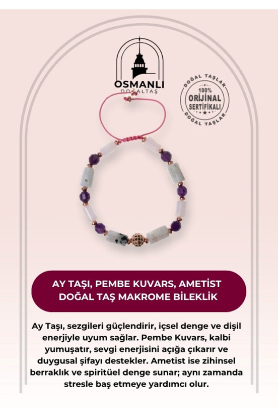 Sertifikalı Ay Taşı, Pembe Kuvars, Ametist Doğal Taş Makrome Bileklik