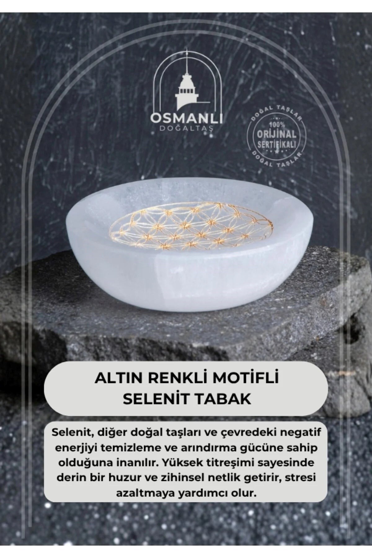 Altın Renkli Motifli Selenit Tabak
