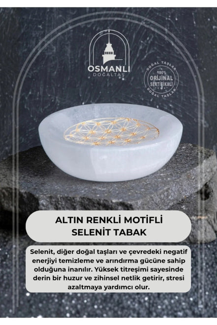 Altın Renkli Motifli Selenit Tabak