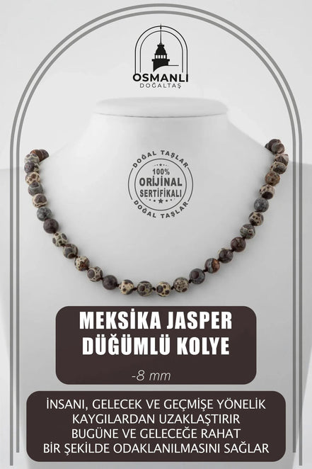 Meksika Jasper 8 mm Düğümlü Doğal Taş Kolye