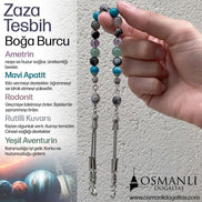 Boğa Burcu Zaza Tesbih Doğal Taş Ametrin, Mavi Apatit, Rodonit, Rutilli Kuvars, Yeşil Aventurin