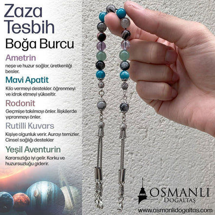 Boğa Burcu Zaza Tesbih Doğal Taş Ametrin, Mavi Apatit, Rodonit, Rutilli Kuvars, Yeşil Aventurin