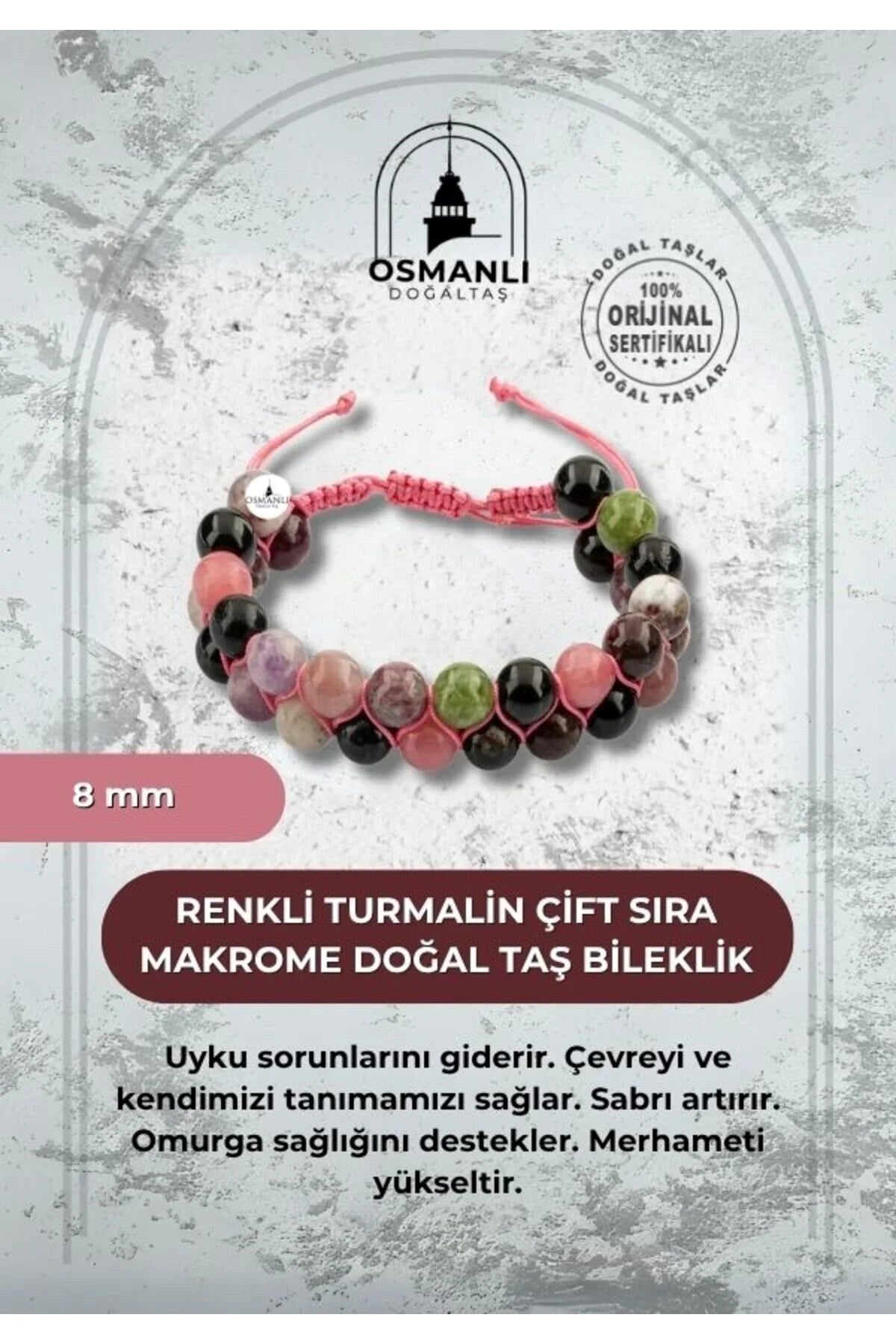 Renkli Turmalin 8mm Çift Sıra Makrome Doğal Taş Bileklik