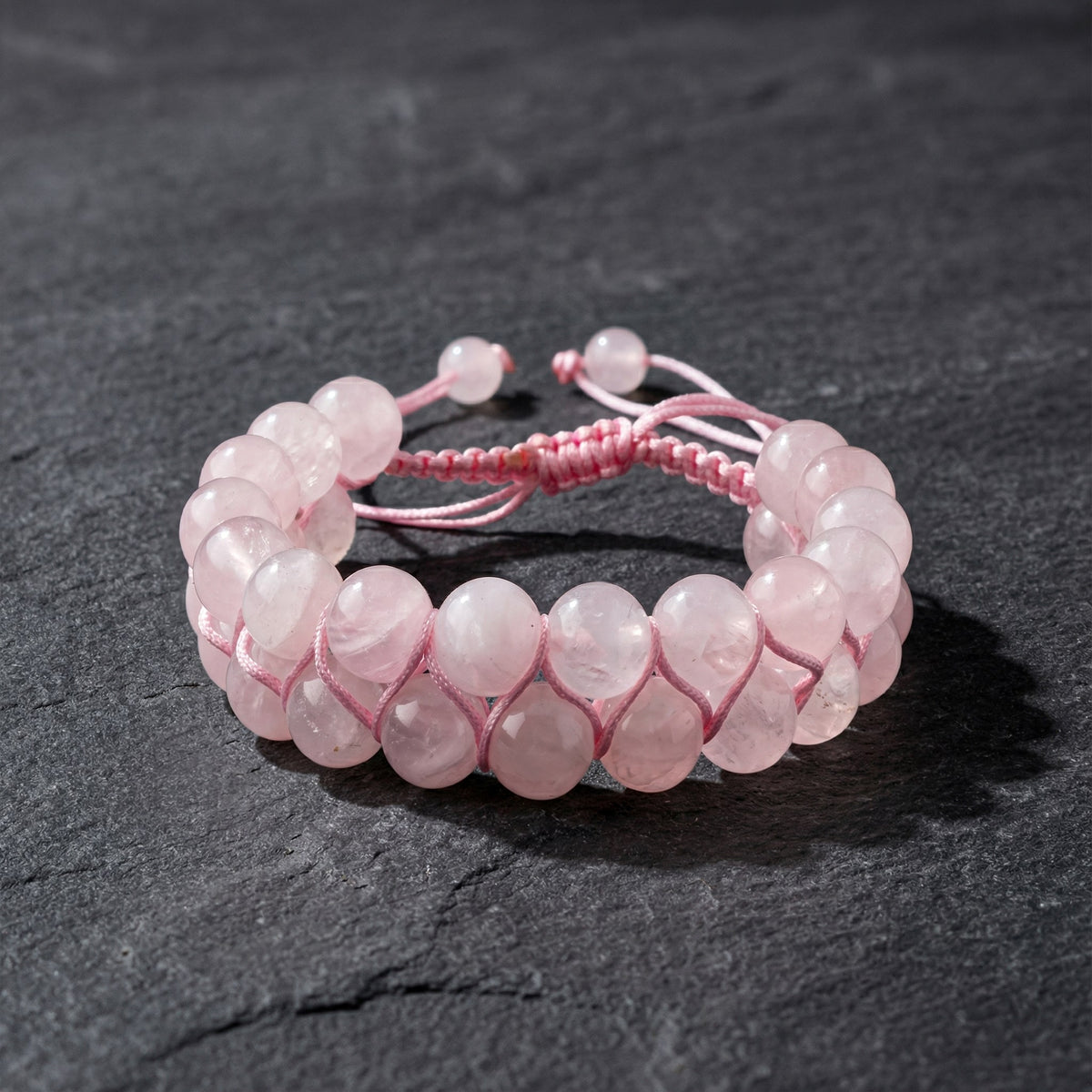 Pembe Kuvars (Gül Kuvars) 8mm Çift Sıra Makrome Doğal Taş Bileklik
