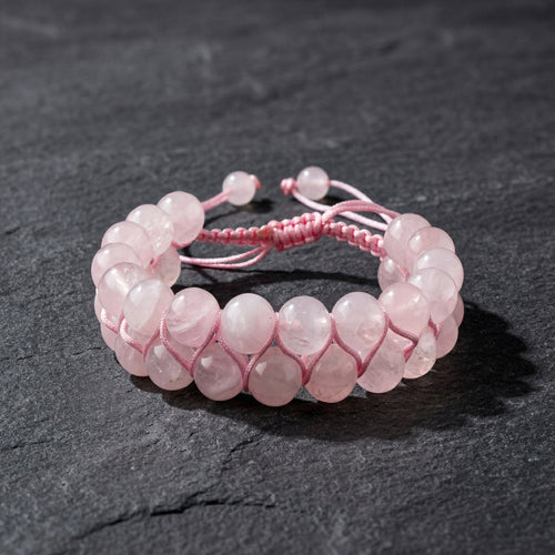 Pembe Kuvars (Gül Kuvars) 8mm Çift Sıra Makrome Doğal Taş Bileklik