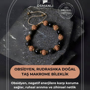 Sertifikalı Obsidyen, Rudrashka Doğal Taş Makrome Bileklik