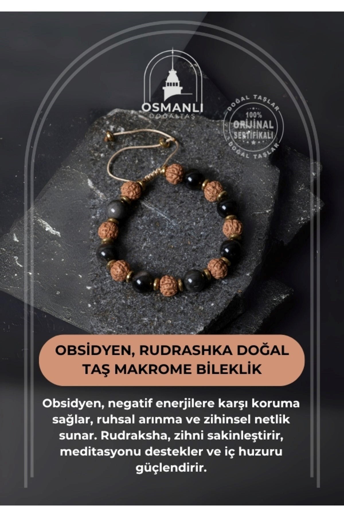 Sertifikalı Obsidyen, Rudrashka Doğal Taş Makrome Bileklik