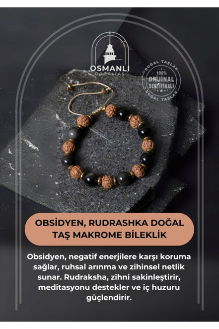 Sertifikalı Obsidyen, Rudrashka Doğal Taş Makrome Bileklik
