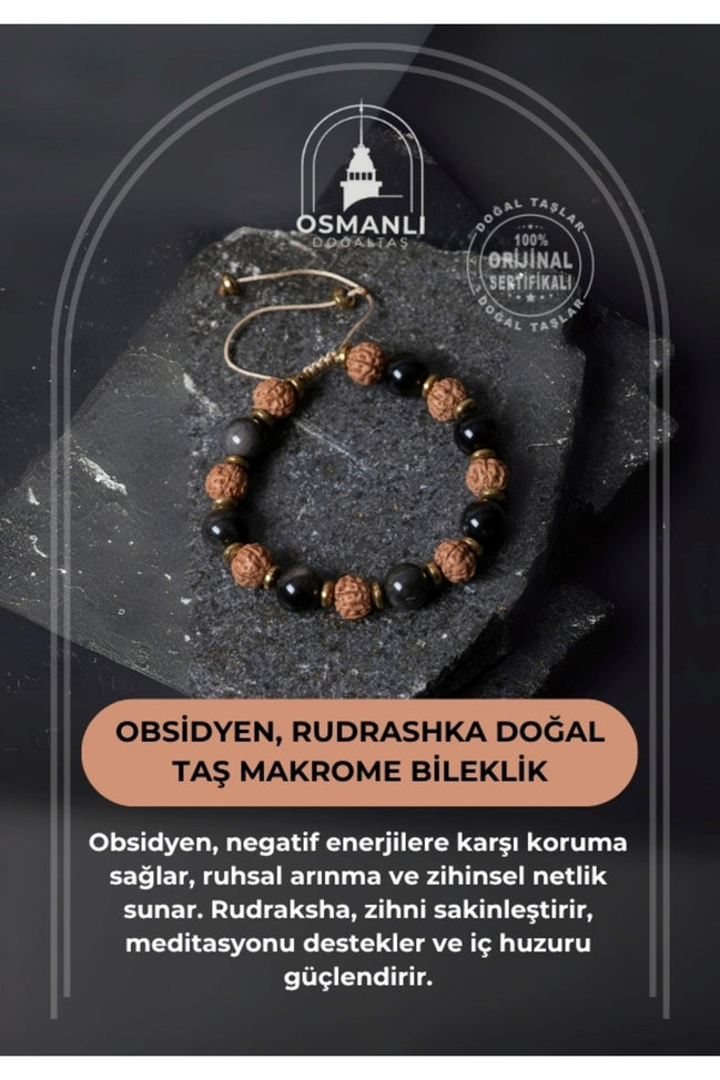 Sertifikalı Obsidyen, Rudrashka Doğal Taş Makrome Bileklik