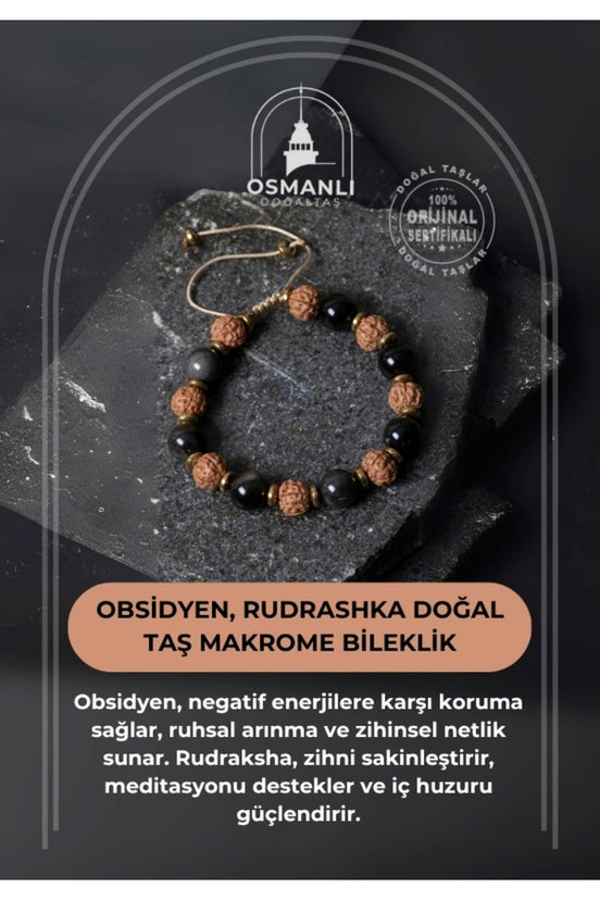 Sertifikalı Obsidyen, Rudrashka Doğal Taş Makrome Bileklik
