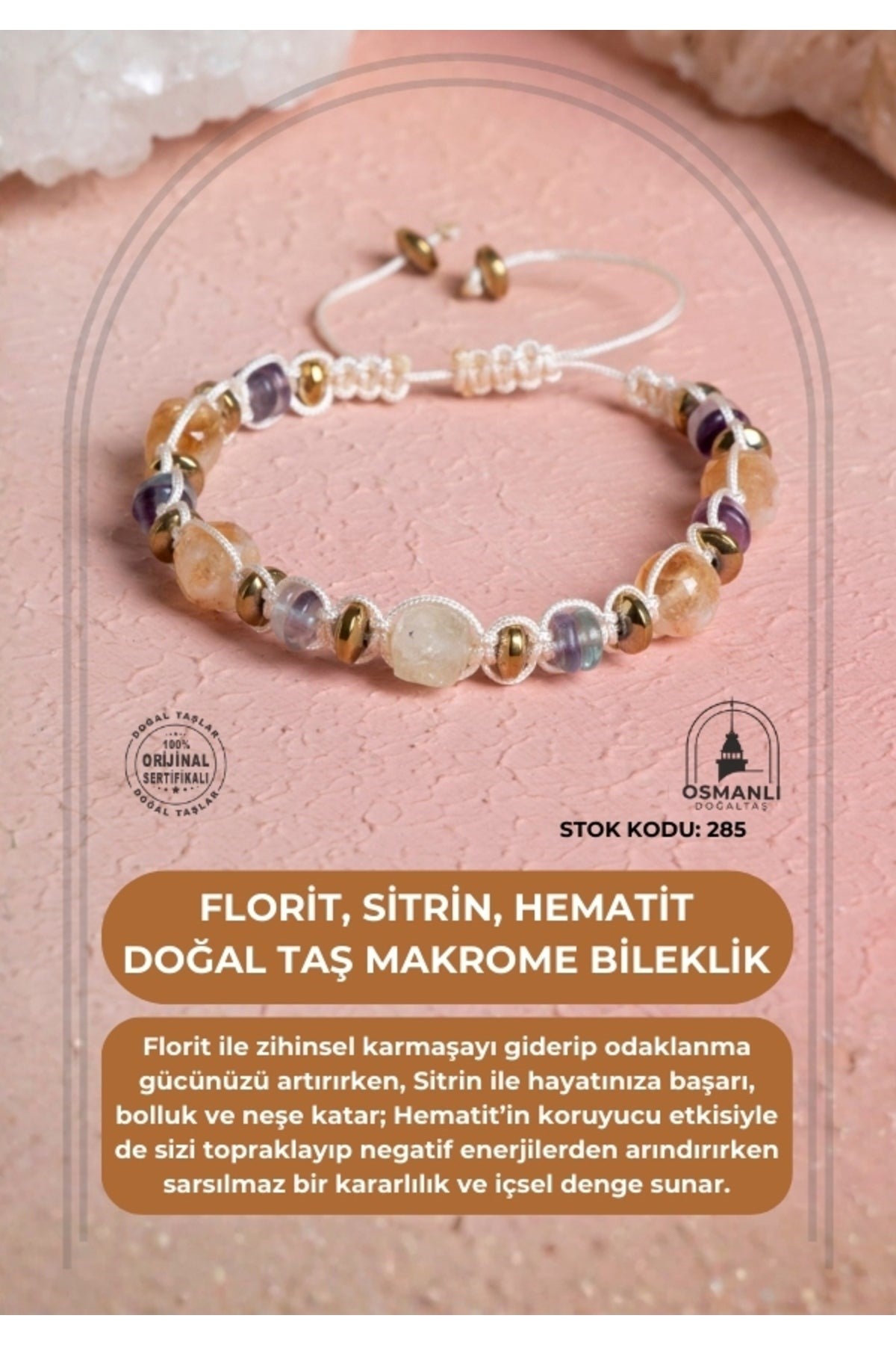 Sertifikalı Florit, Sitrin, Hematit Doğal Taş Makrome Bileklik (SK:285)