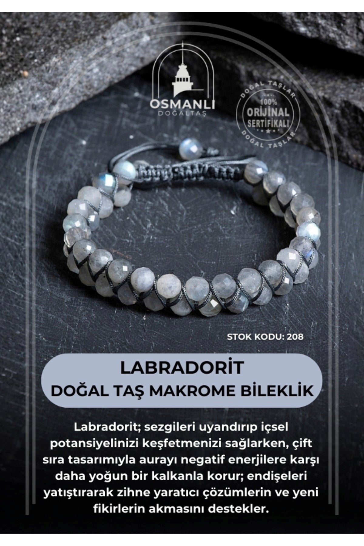 Sertifikalı Labradorit Çift Sıra Doğal Taş Makrome Bileklik (SK:208)