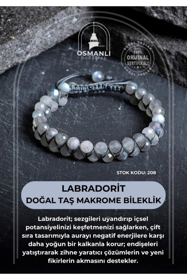 Sertifikalı Labradorit Çift Sıra Doğal Taş Makrome Bileklik (SK:208)