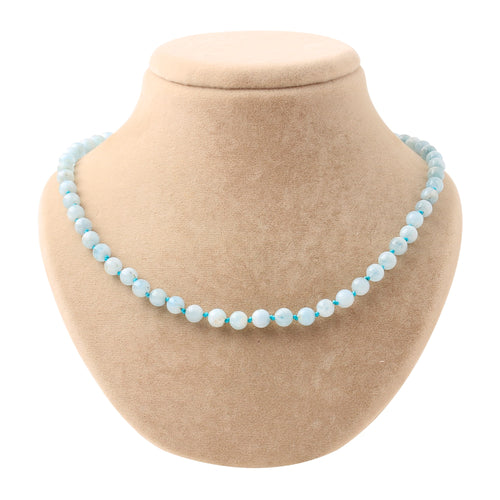 Akuamarin 6 mm Düğümlü Doğal Taş Kolye – Unisex El İşçiliği (50 cm)