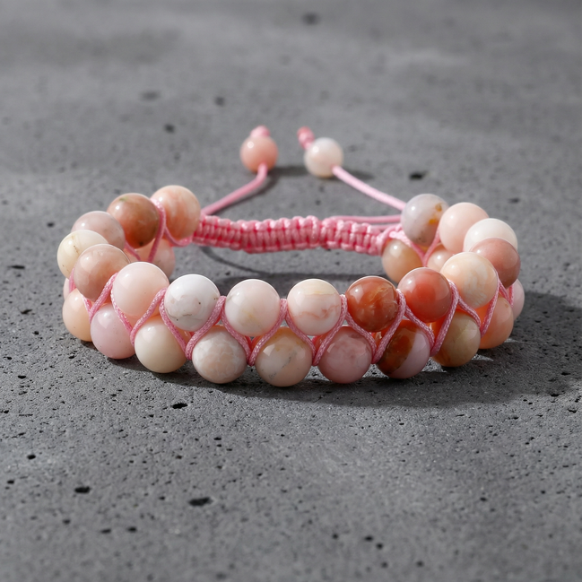 Opal Pembe 8mm Çift Sıra Makrome Doğal Taş Bileklik