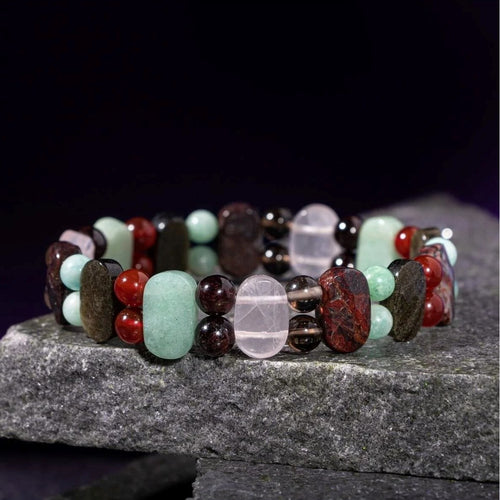 Başak Burcu Bileklik Amazonit, Bordo Granat Lal, Dumanlı Kuvars, Golden Obsidyen, Jasper, Kırmızı Akik, Pembe Kuvars, Yeşil Aventurin