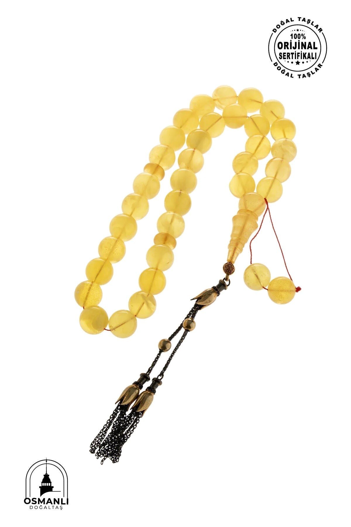 Lale Motifli 12,5 mm Küre Kesim Gold Kaplama Gümüş Kehribar Tesbih - 43,50 gr