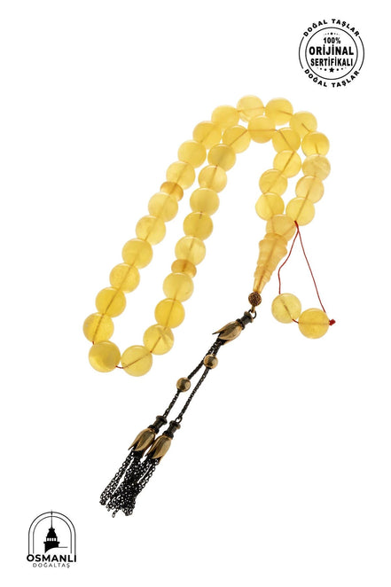 Lale Motifli 12,5 mm Küre Kesim Gold Kaplama Gümüş Kehribar Tesbih - 43,50 gr