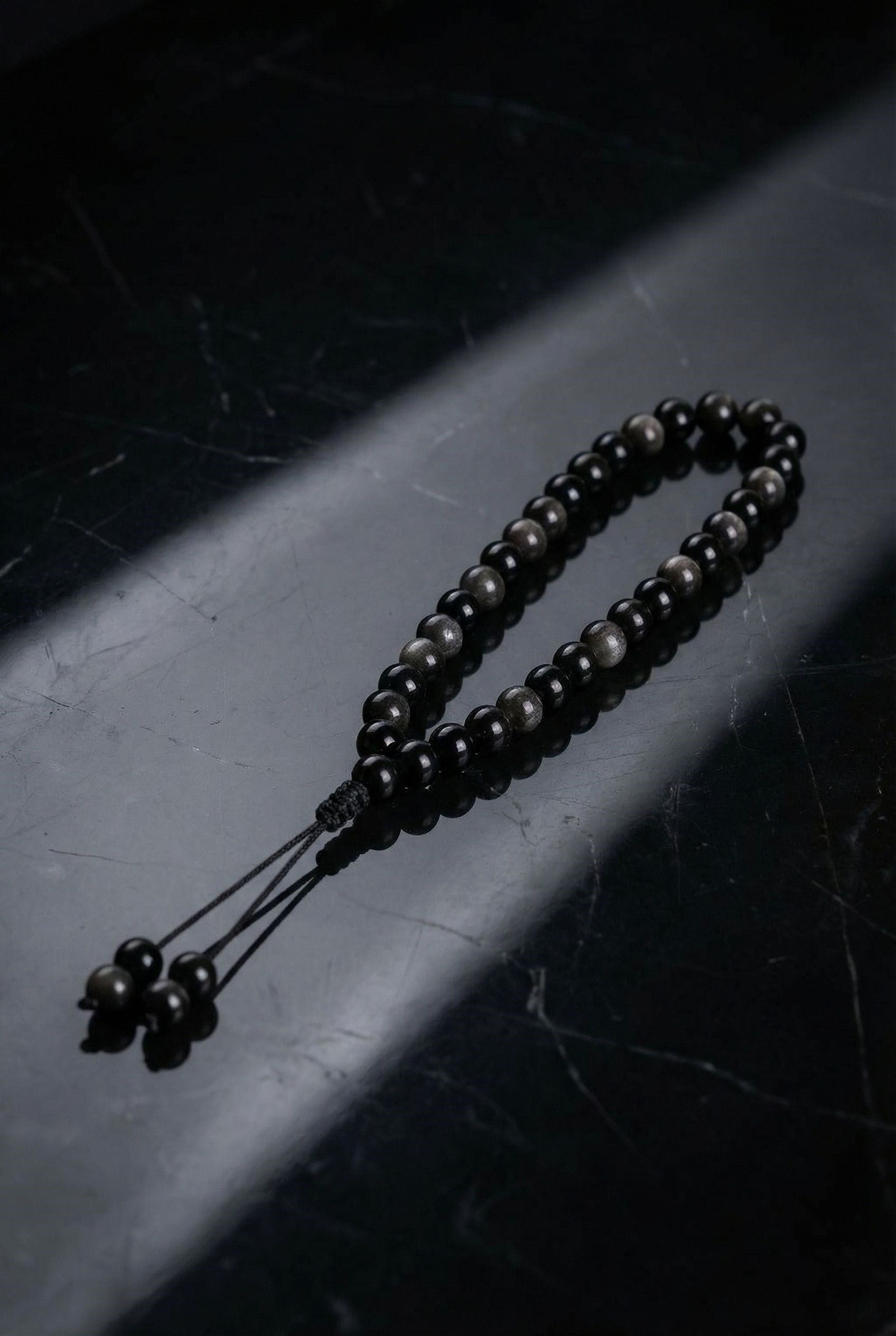 Obsidyen Doğal Taş 6 mm Tesbih & Makrome Bileklik – Uyumlu Set